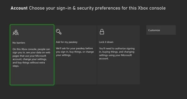 Tùy chọn bảo mật Xbox One
