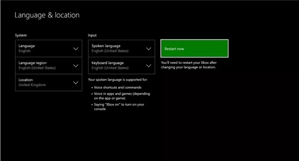 ตำแหน่งภาษาการตั้งค่า Xbox