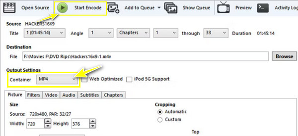 Handbrake Set Output Settings