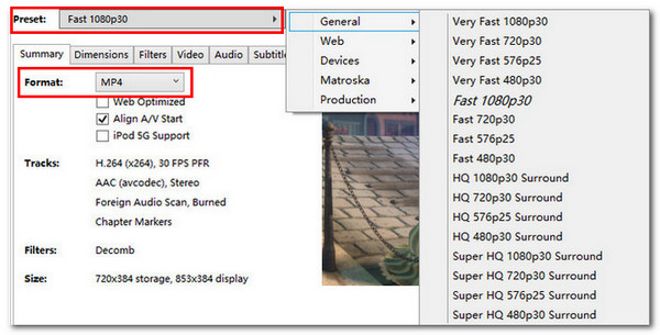 Select Output Format Preset