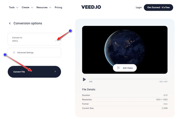 Veed IO Convert MOV to MPEG