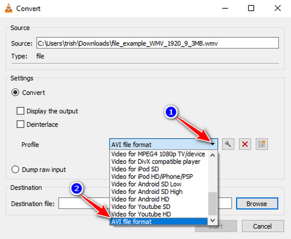 Sélectionnez le fichier AVI de VLC