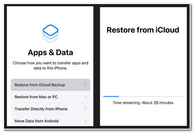 ऐप्स और डेटा स्क्रीन iCloud पुनर्स्थापित करें