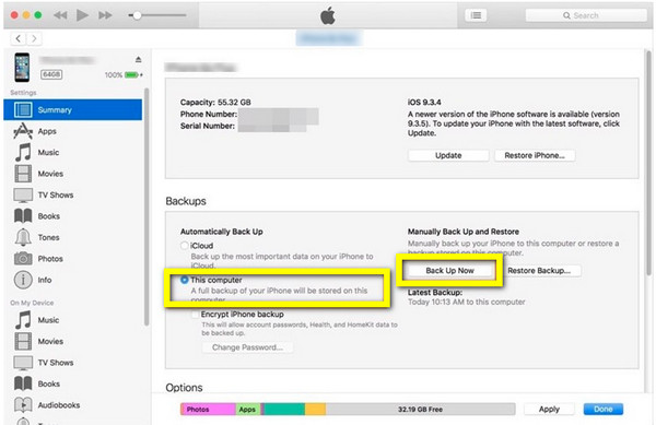 Effettua il backup di iTunes ora