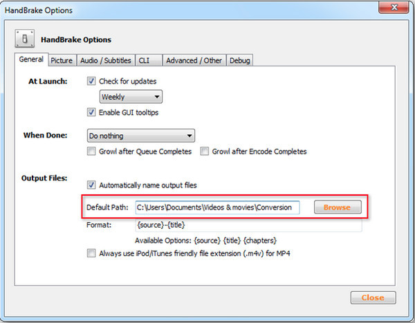 Handbrake définit un dossier de destination