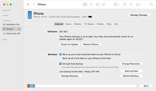 Mac OS Ventura Finder iPhone Sincronizare Dispozitiv Backup iCloud Selectat