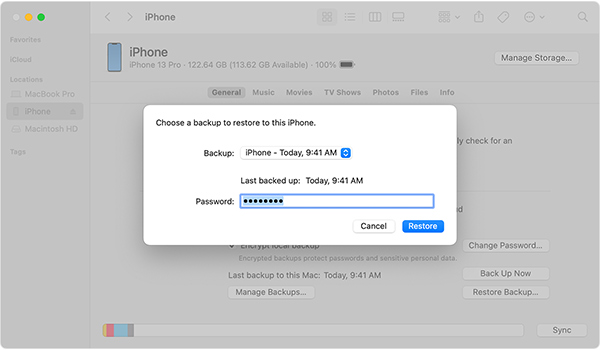 Mac OS Ventura Finder iPhone Sincronizare Dispozitiv Backup iCloud Selectat