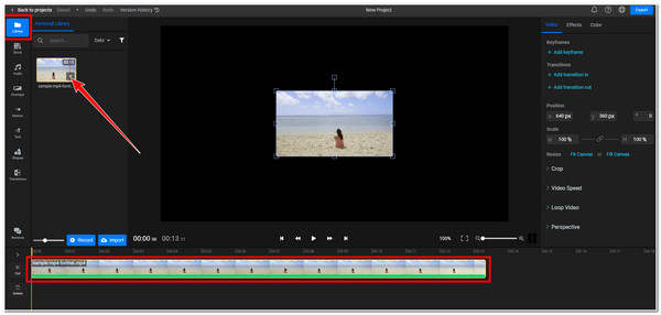 Aggiungi test a Video Flixier Aggiungi file video alla timeline