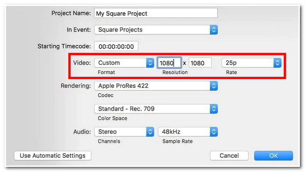 解像度の変更 Final Cut Pro 解像度を入力