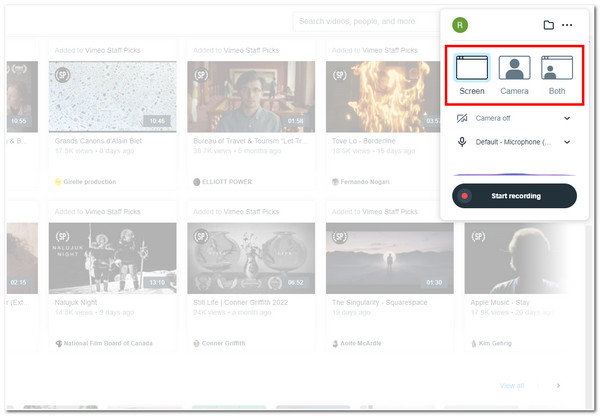 Screen Record Vimeo Select What to Capture