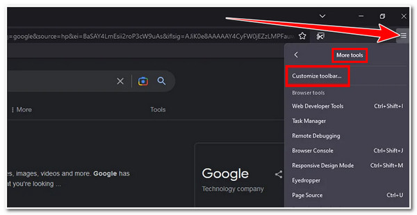 Pořídit snímek obrazovky s posouváním Firefox Access Customize Toolbar