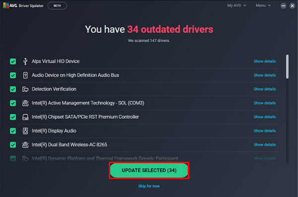 AVG Update Selected