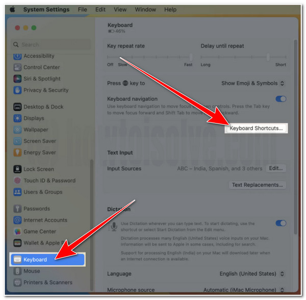 Configurações do sistema de acesso por atalho de captura de tela do Mac