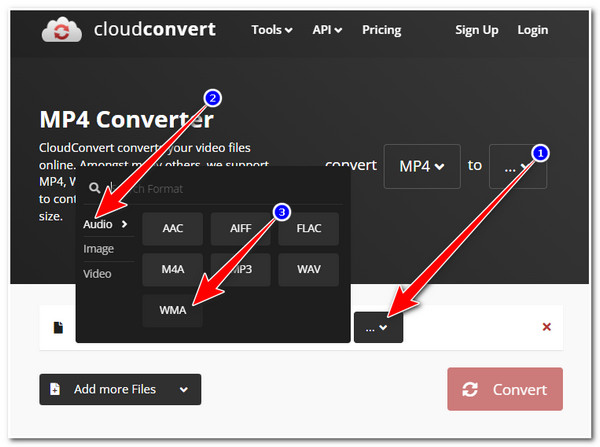 ビデオをWMAに変換する CloudConvert WMA形式を選択