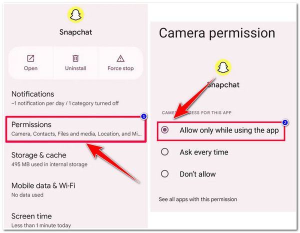 Permitir el acceso a la cámara para Snapchat en Android