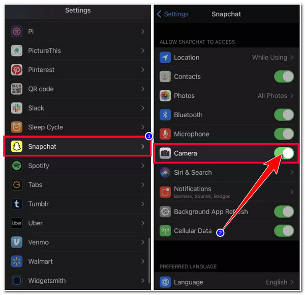 iPhone पर Snapchat के लिए कैमरा एक्सेस की अनुमति दें