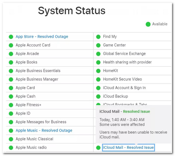 Ελέγξτε την κατάσταση διακομιστή Apple