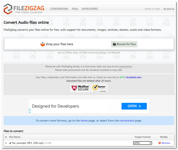 Filezigzag Audio Converter Interface