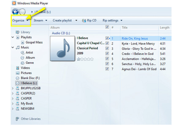 Windows Media Player Κάντε κλικ στην Οργάνωση