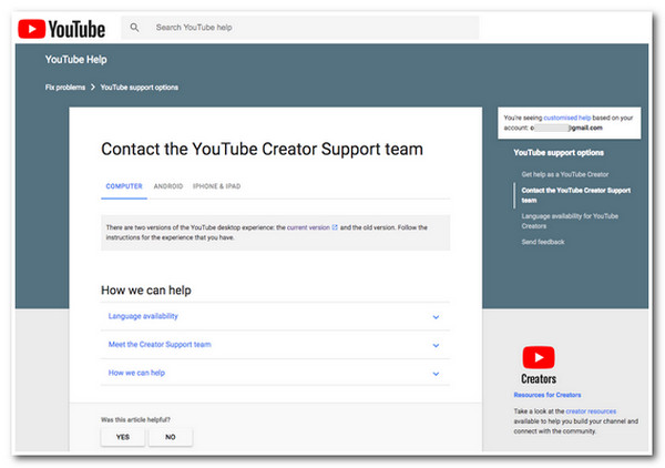 Zugriff Kontaktieren Sie den YouTube Creator Support