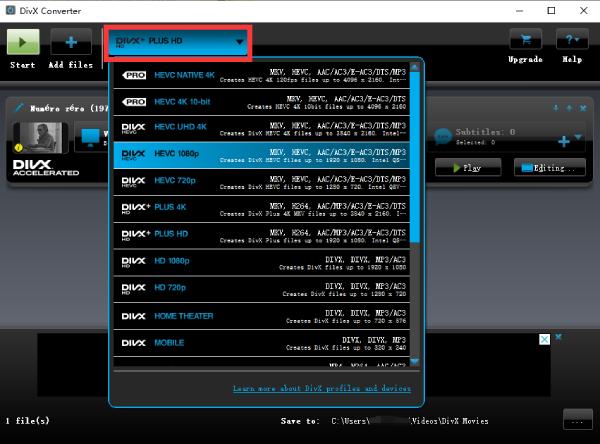 Выберите выходной формат Divx