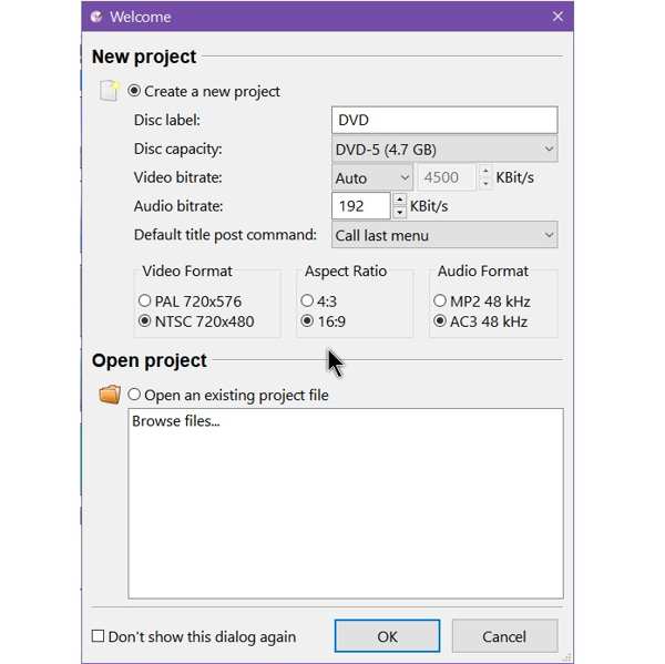 Dvdstyler New Project Window