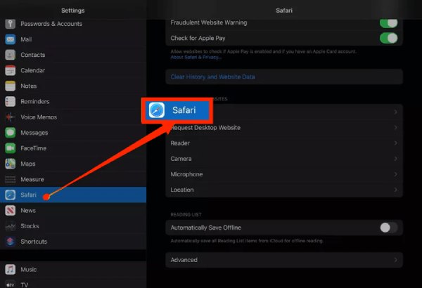 Settings Safari Ipad