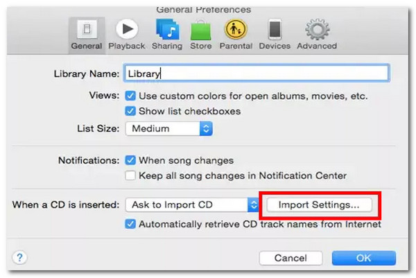 Itunes Navigate Import Settings