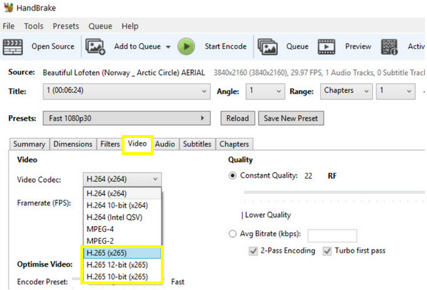 Handbrake Select Video Codec